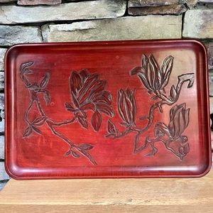 VTG Wood Tray Japan Enamel Magnolia Hand Carved Kamakura-Bori Signed Floral